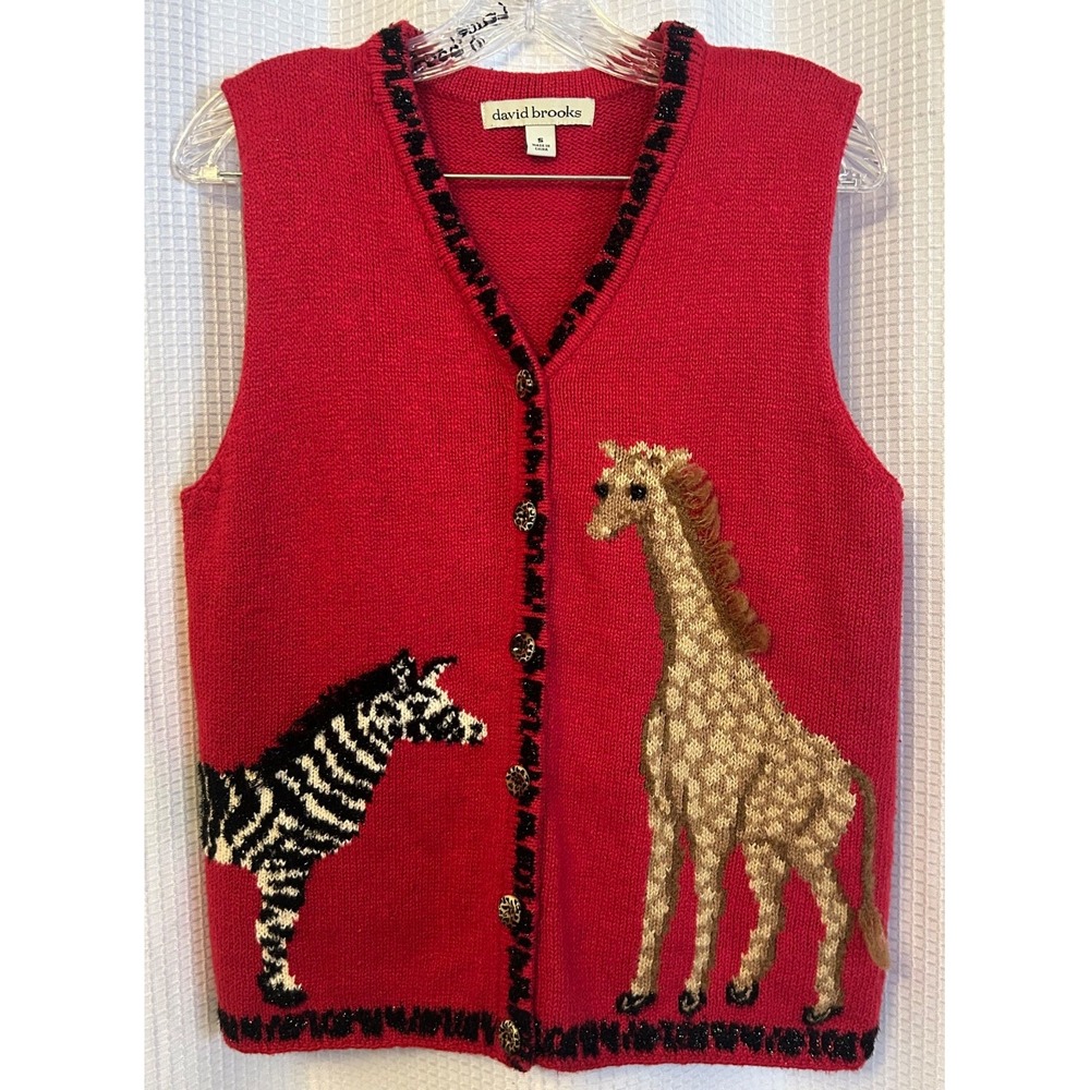 Sweater Vest Womens Red Giraffe Zebra Leopard Grandmacore Kitsch Size Small